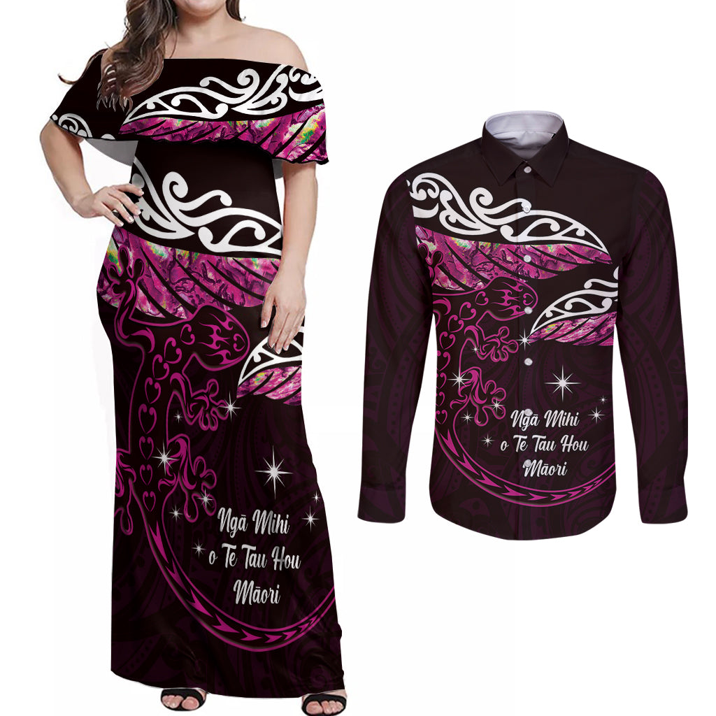 New Zealand Matariki Couples Matching Off Shoulder Maxi Dress and Long Sleeve Button Shirt Maori New Year Silver Fern And Lizard - Pink LT14 Pink - Polynesian Pride