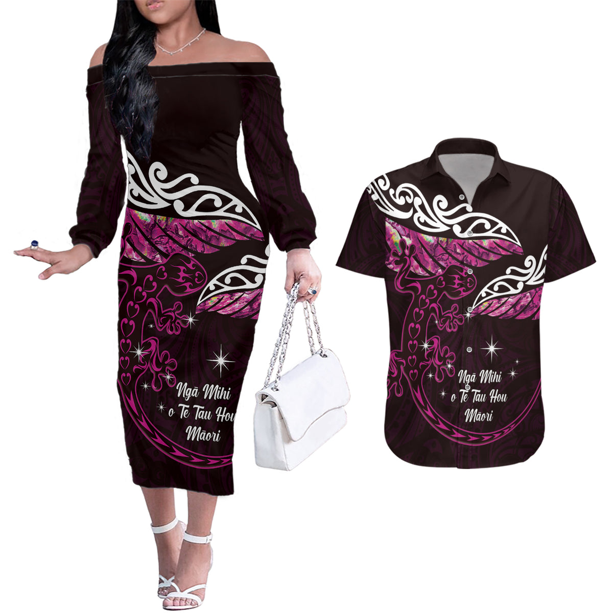 New Zealand Matariki Couples Matching Off The Shoulder Long Sleeve Dress and Hawaiian Shirt Maori New Year Silver Fern And Lizard - Pink LT14 Pink - Polynesian Pride