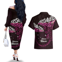 New Zealand Matariki Couples Matching Off The Shoulder Long Sleeve Dress and Hawaiian Shirt Maori New Year Silver Fern And Lizard - Pink LT14 - Polynesian Pride