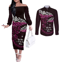 New Zealand Matariki Couples Matching Off The Shoulder Long Sleeve Dress and Long Sleeve Button Shirt Maori New Year Silver Fern And Lizard - Pink LT14 Pink - Polynesian Pride