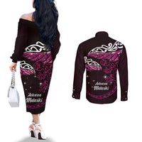 New Zealand Matariki Couples Matching Off The Shoulder Long Sleeve Dress and Long Sleeve Button Shirt Maori New Year Silver Fern And Lizard - Pink LT14 - Polynesian Pride