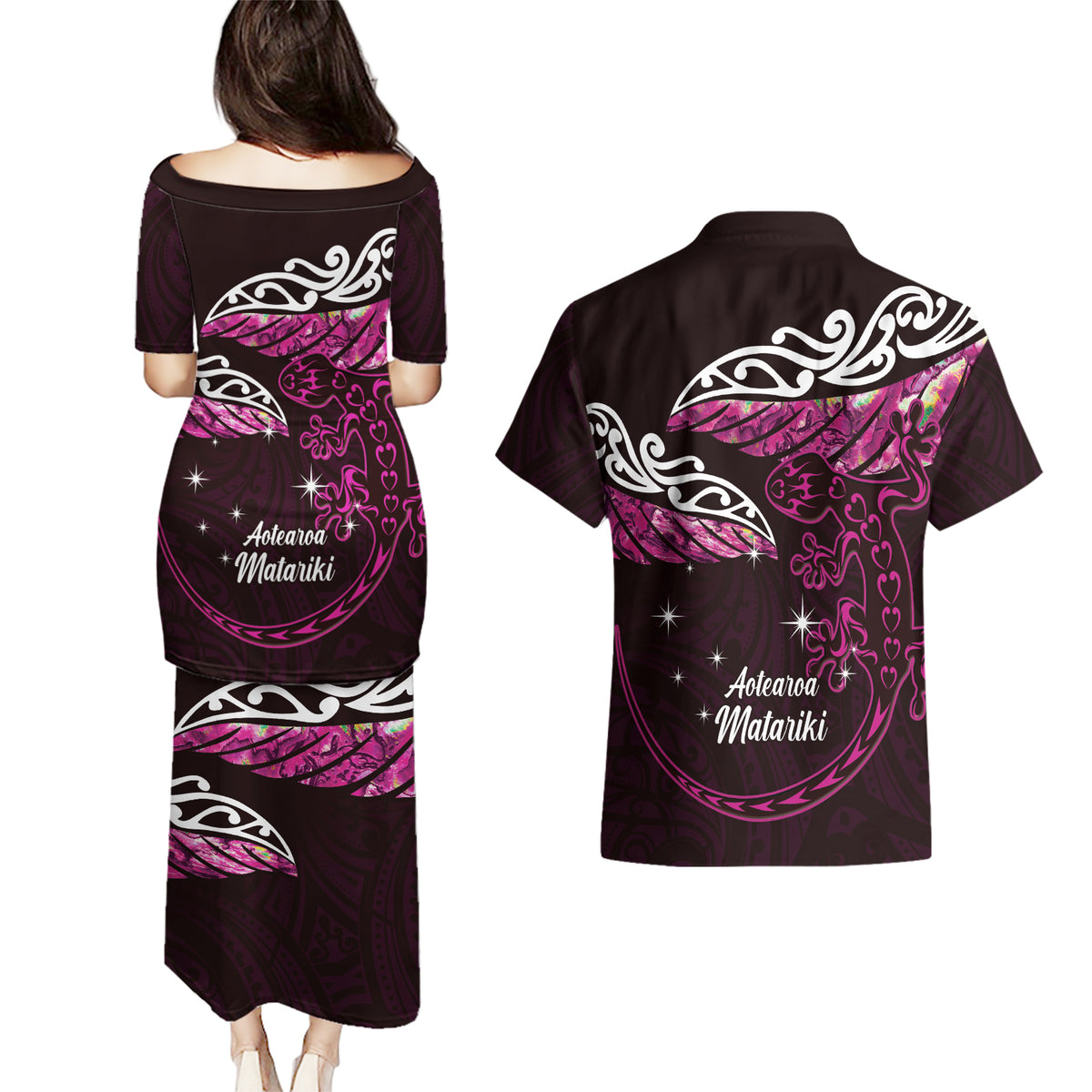 New Zealand Matariki Couples Matching Puletasi and Hawaiian Shirt Maori New Year Silver Fern And Lizard - Pink LT14 - Polynesian Pride