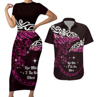 New Zealand Matariki Couples Matching Short Sleeve Bodycon Dress and Hawaiian Shirt Maori New Year Silver Fern And Lizard - Pink LT14 Pink - Polynesian Pride