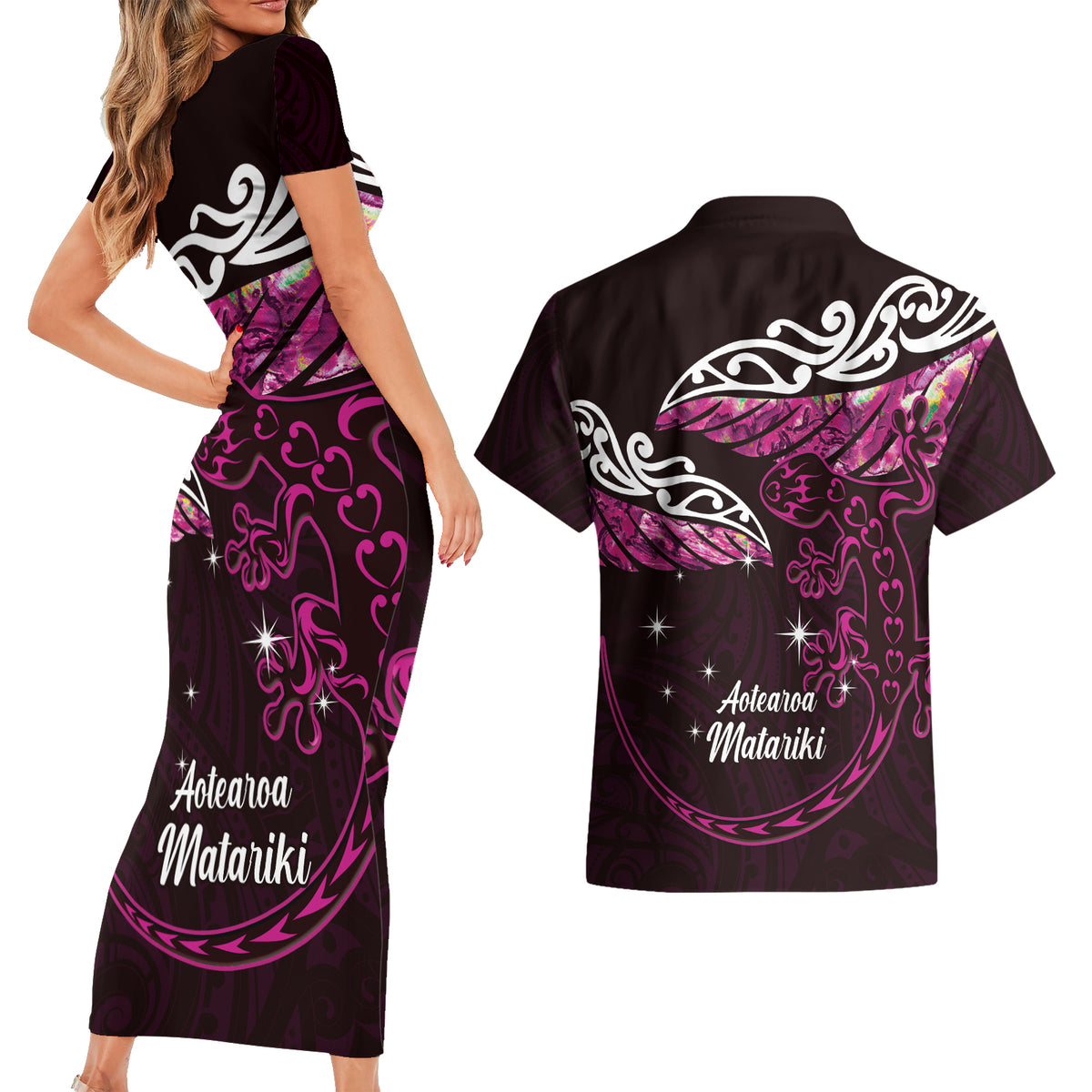 New Zealand Matariki Couples Matching Short Sleeve Bodycon Dress and Hawaiian Shirt Maori New Year Silver Fern And Lizard - Pink LT14 - Polynesian Pride