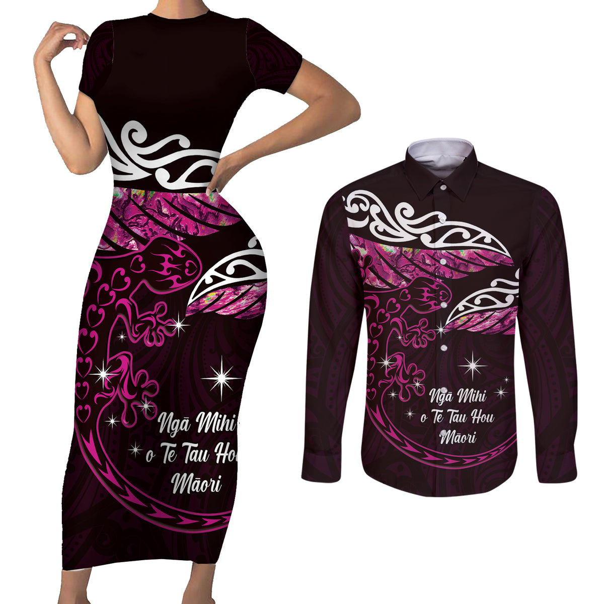New Zealand Matariki Couples Matching Short Sleeve Bodycon Dress and Long Sleeve Button Shirt Maori New Year Silver Fern And Lizard - Pink LT14 Pink - Polynesian Pride