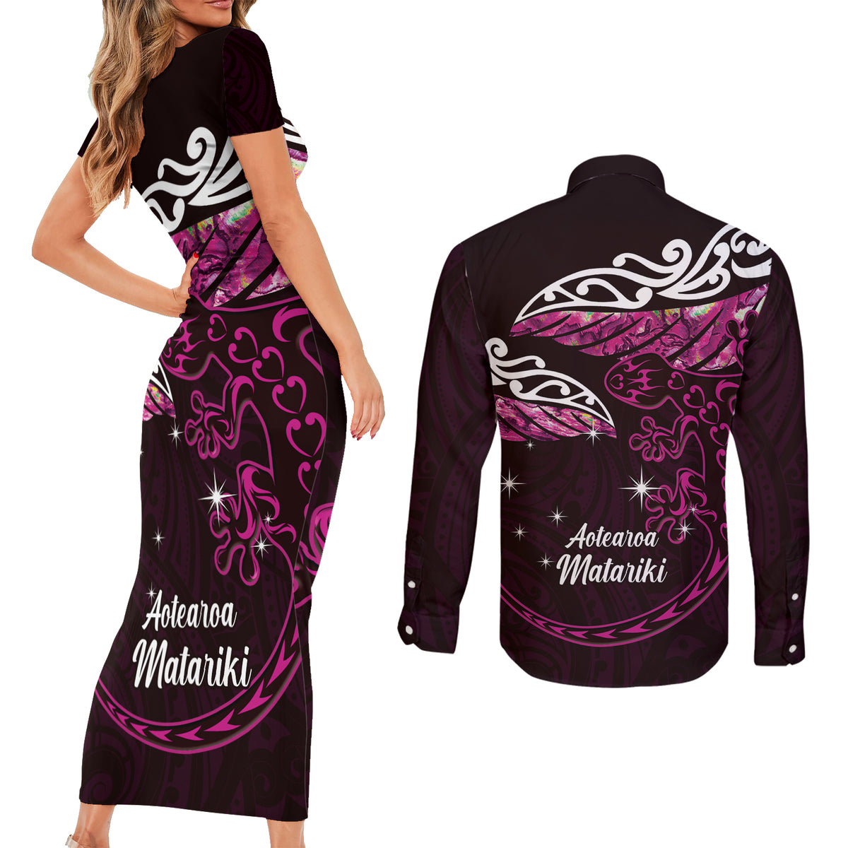 New Zealand Matariki Couples Matching Short Sleeve Bodycon Dress and Long Sleeve Button Shirt Maori New Year Silver Fern And Lizard - Pink LT14 - Polynesian Pride