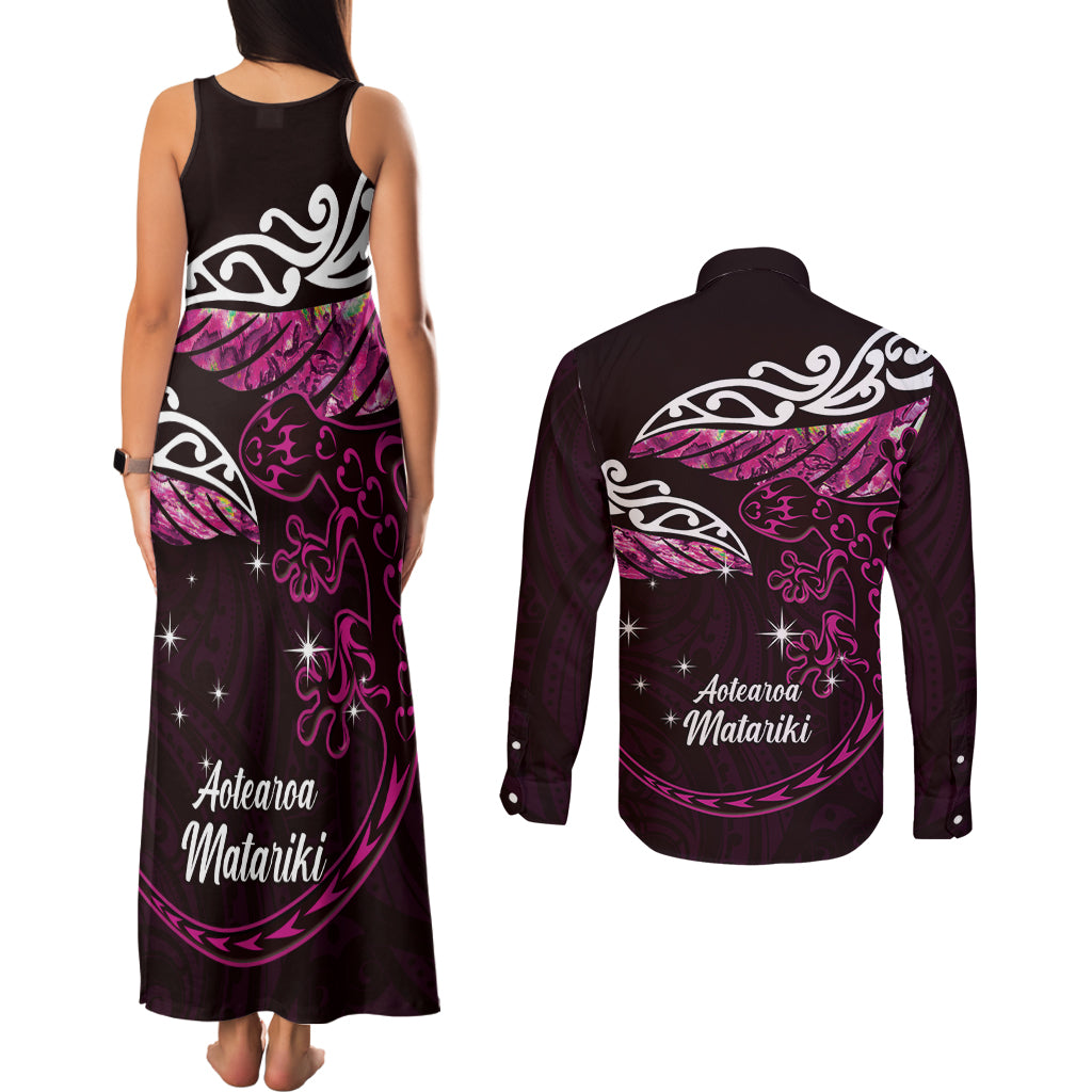 New Zealand Matariki Couples Matching Tank Maxi Dress and Long Sleeve Button Shirt Maori New Year Silver Fern And Lizard - Pink LT14 - Polynesian Pride
