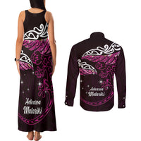 New Zealand Matariki Couples Matching Tank Maxi Dress and Long Sleeve Button Shirt Maori New Year Silver Fern And Lizard - Pink LT14 - Polynesian Pride