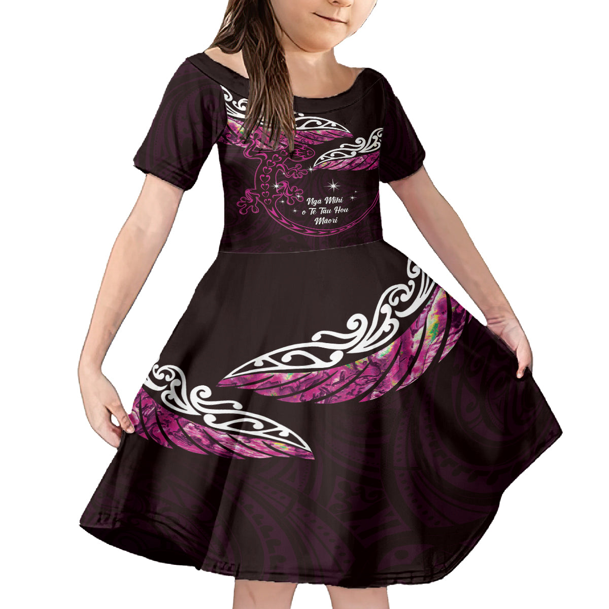 New Zealand Matariki Family Matching Long Sleeve Bodycon Dress and Hawaiian Shirt Maori New Year Silver Fern And Lizard - Pink LT14 Daughter's Dress Pink - Polynesian Pride