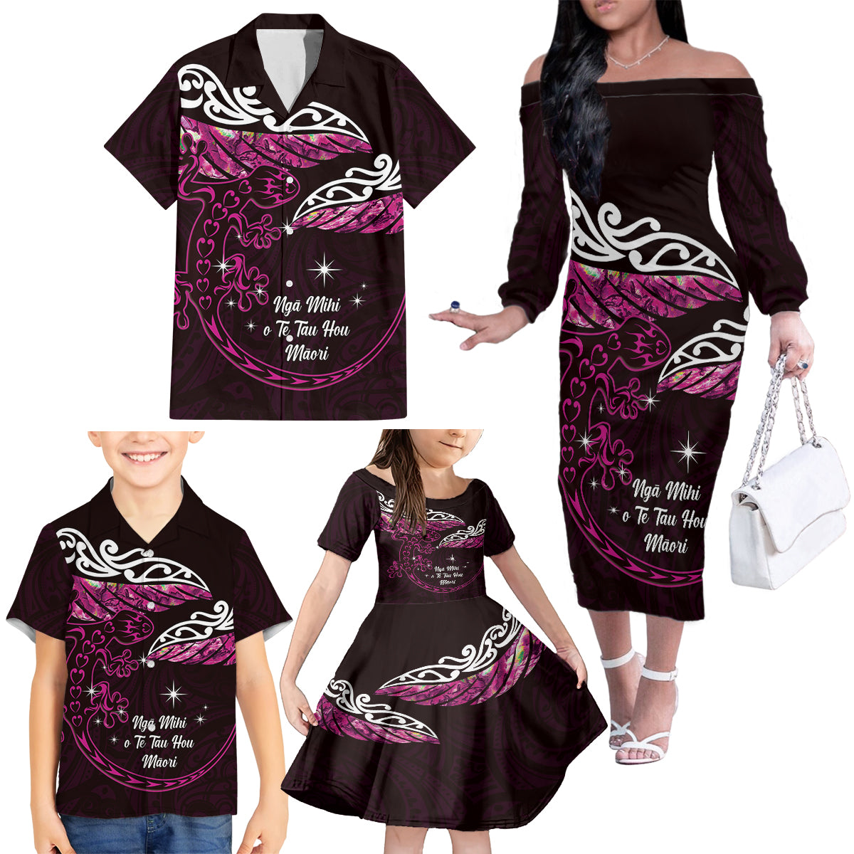 New Zealand Matariki Family Matching Off The Shoulder Long Sleeve Dress and Hawaiian Shirt Maori New Year Silver Fern And Lizard - Pink LT14 - Polynesian Pride