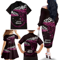 New Zealand Matariki Family Matching Off The Shoulder Long Sleeve Dress and Hawaiian Shirt Maori New Year Silver Fern And Lizard - Pink LT14 - Polynesian Pride