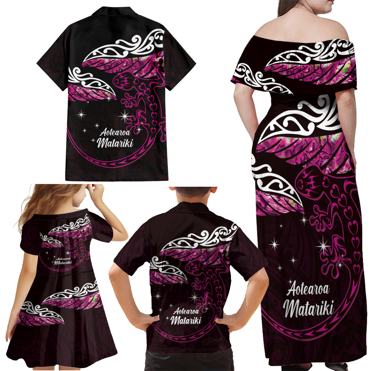 New Zealand Matariki Family Matching Off Shoulder Maxi Dress and Hawaiian Shirt Maori New Year Silver Fern And Lizard - Pink LT14 - Polynesian Pride