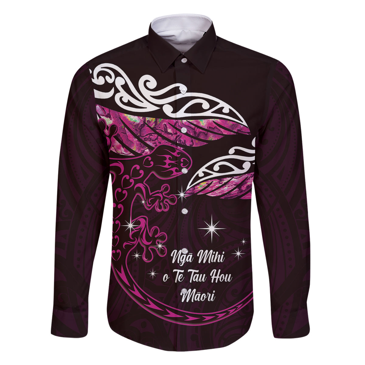New Zealand Matariki Family Matching Off Shoulder Maxi Dress and Hawaiian Shirt Maori New Year Silver Fern And Lizard - Pink LT14 Dad's Shirt - Long Sleeve Pink - Polynesian Pride
