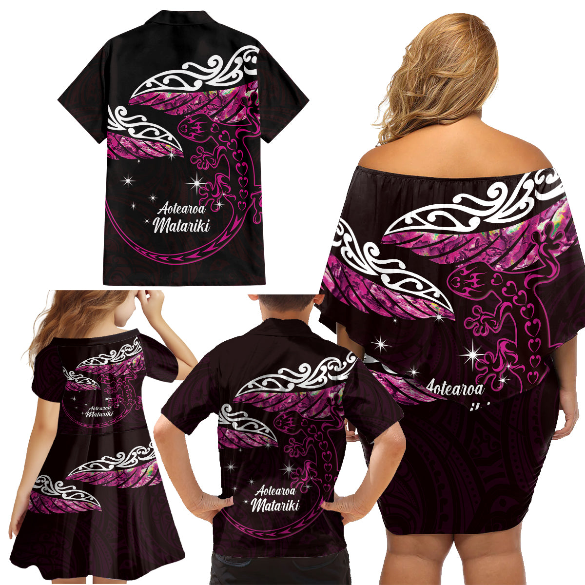 New Zealand Matariki Family Matching Off Shoulder Short Dress and Hawaiian Shirt Maori New Year Silver Fern And Lizard - Pink LT14 - Polynesian Pride