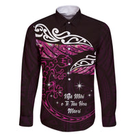 New Zealand Matariki Family Matching Off Shoulder Short Dress and Hawaiian Shirt Maori New Year Silver Fern And Lizard - Pink LT14 Dad's Shirt - Long Sleeve Pink - Polynesian Pride