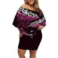 New Zealand Matariki Family Matching Off Shoulder Short Dress and Hawaiian Shirt Maori New Year Silver Fern And Lizard - Pink LT14 Mom's Dress Pink - Polynesian Pride