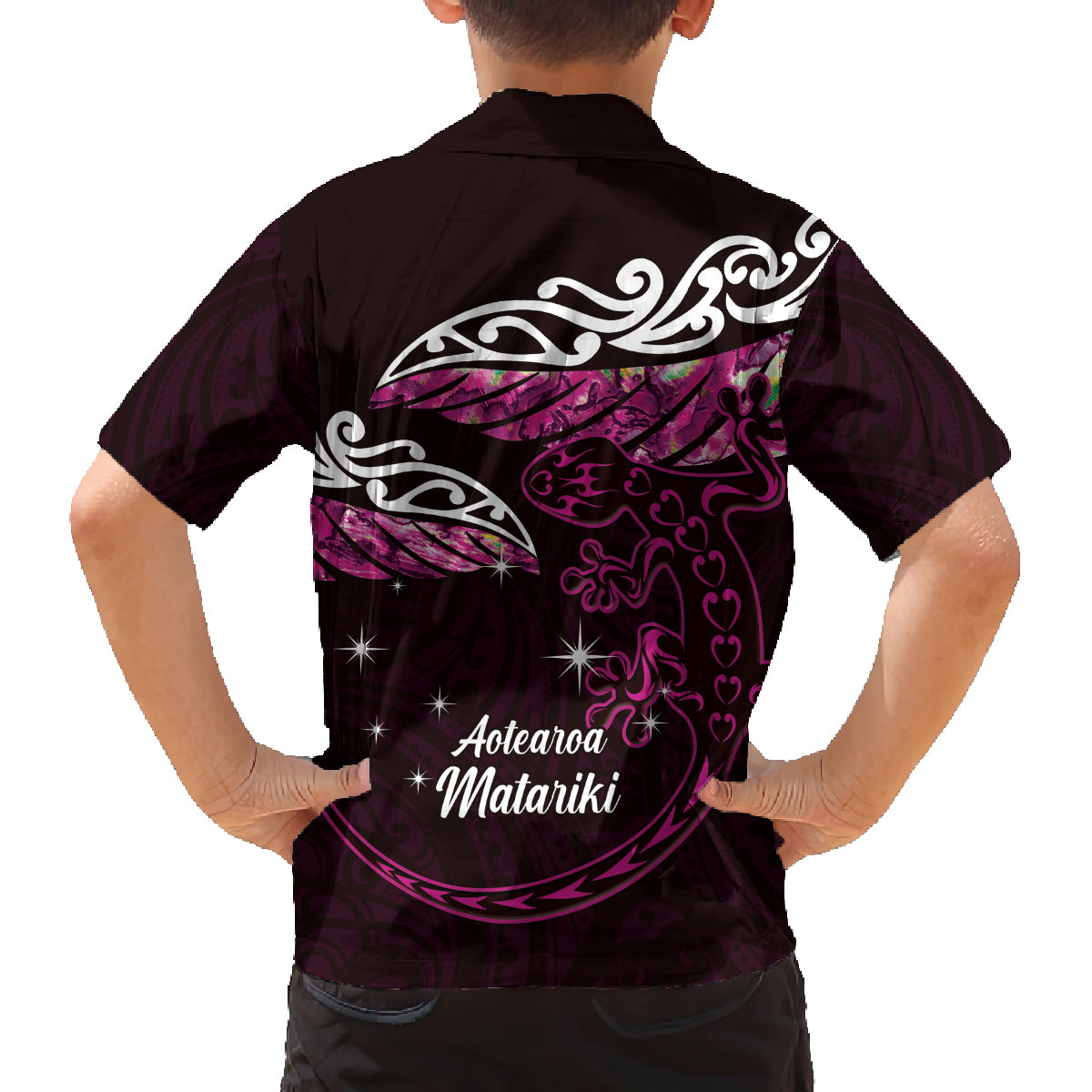 New Zealand Matariki Family Matching Puletasi and Hawaiian Shirt Maori New Year Silver Fern And Lizard - Pink LT14 - Polynesian Pride