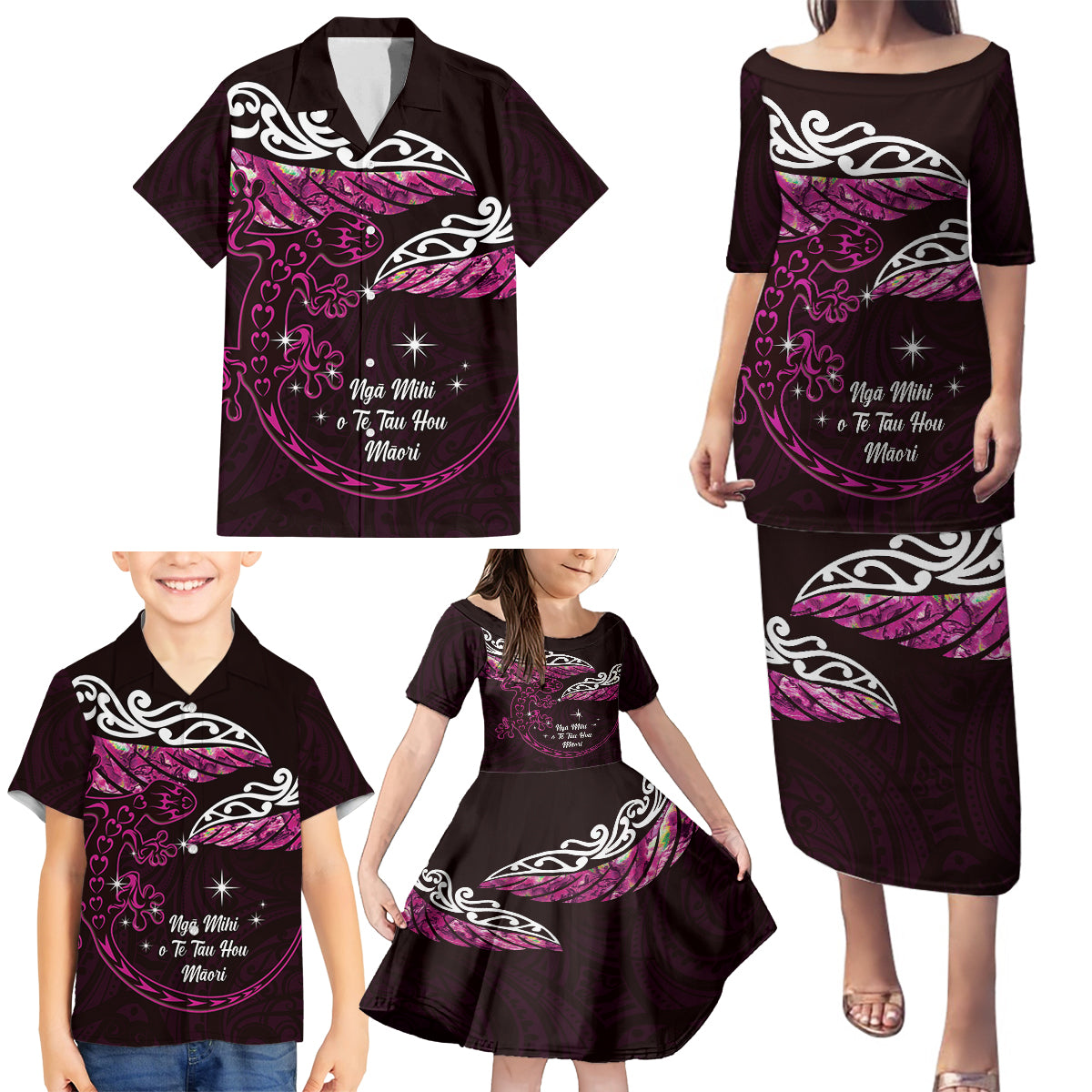 New Zealand Matariki Family Matching Puletasi and Hawaiian Shirt Maori New Year Silver Fern And Lizard - Pink LT14 - Polynesian Pride