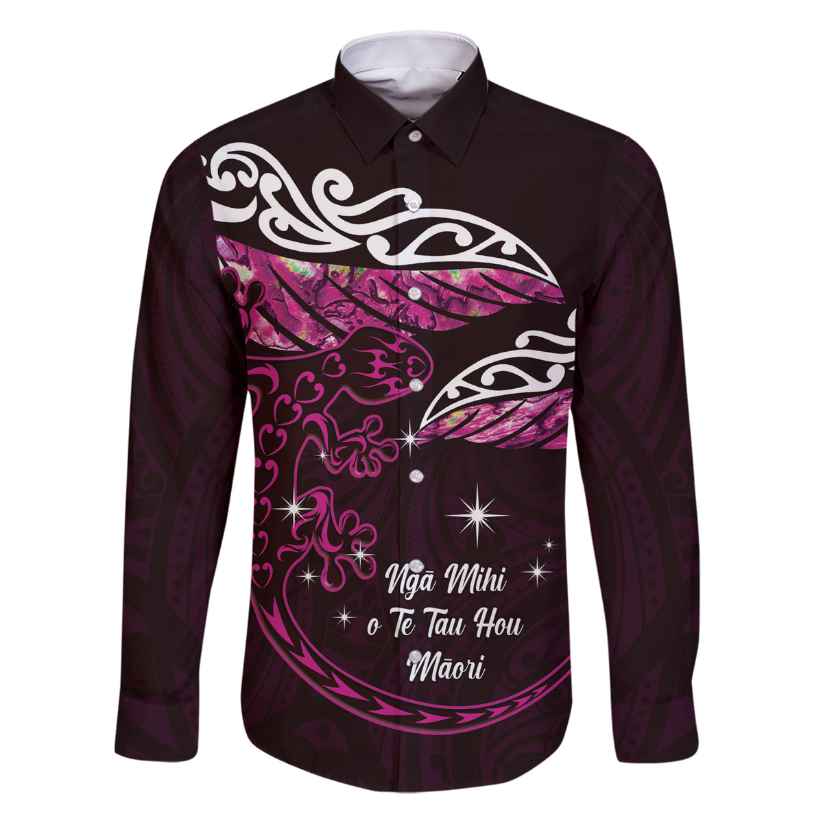 New Zealand Matariki Family Matching Short Sleeve Bodycon Dress and Hawaiian Shirt Maori New Year Silver Fern And Lizard - Pink LT14 Dad's Shirt - Long Sleeve Pink - Polynesian Pride
