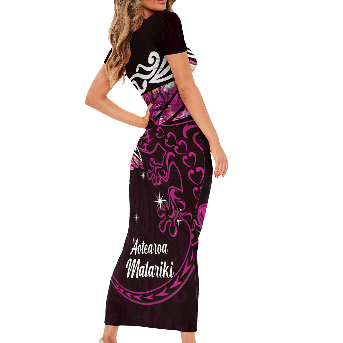 New Zealand Matariki Family Matching Short Sleeve Bodycon Dress and Hawaiian Shirt Maori New Year Silver Fern And Lizard - Pink LT14 - Polynesian Pride