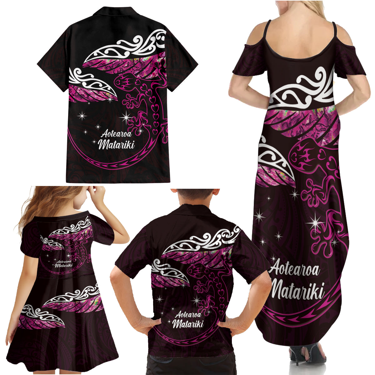 New Zealand Matariki Family Matching Summer Maxi Dress and Hawaiian Shirt Maori New Year Silver Fern And Lizard - Pink LT14 - Polynesian Pride
