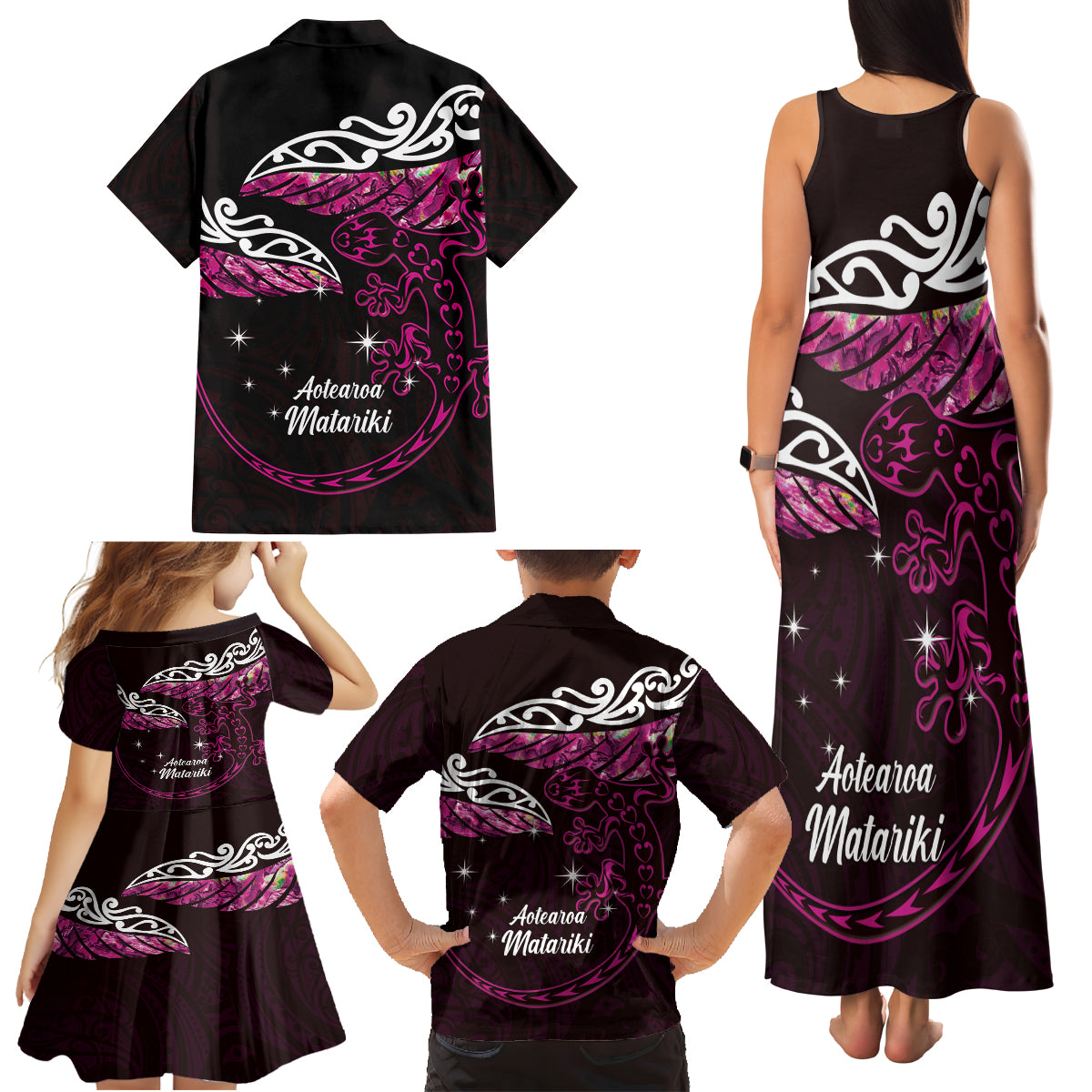 New Zealand Matariki Family Matching Tank Maxi Dress and Hawaiian Shirt Maori New Year Silver Fern And Lizard - Pink LT14 - Polynesian Pride