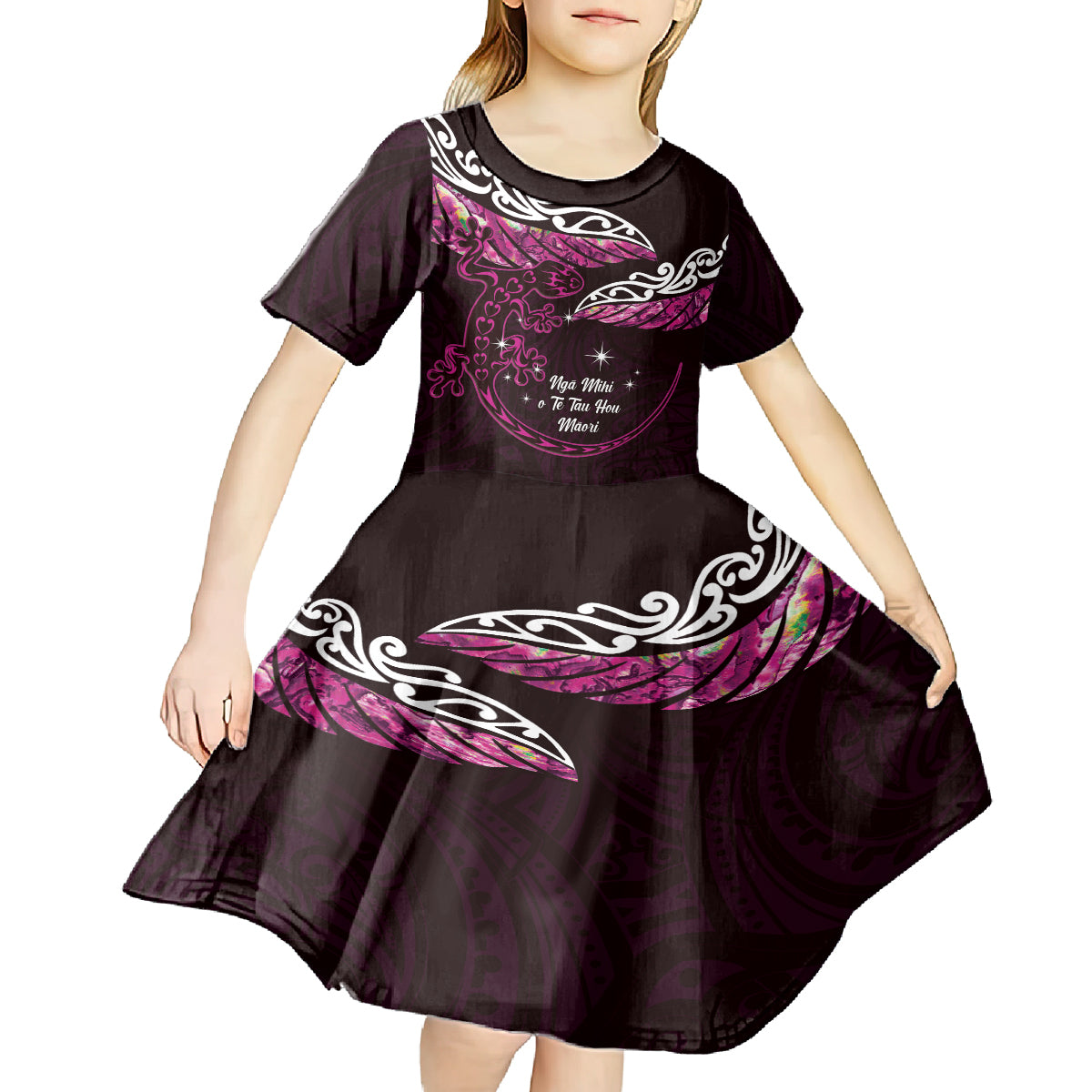 New Zealand Matariki Kid Short Sleeve Dress Maori New Year Silver Fern And Lizard - Pink LT14 - Polynesian Pride