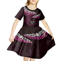 New Zealand Matariki Kid Short Sleeve Dress Maori New Year Silver Fern And Lizard - Pink LT14 - Polynesian Pride