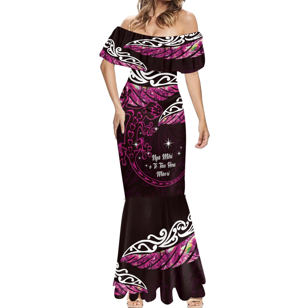 New Zealand Matariki Mermaid Dress Maori New Year Silver Fern And Lizard - Pink LT14 - Polynesian Pride