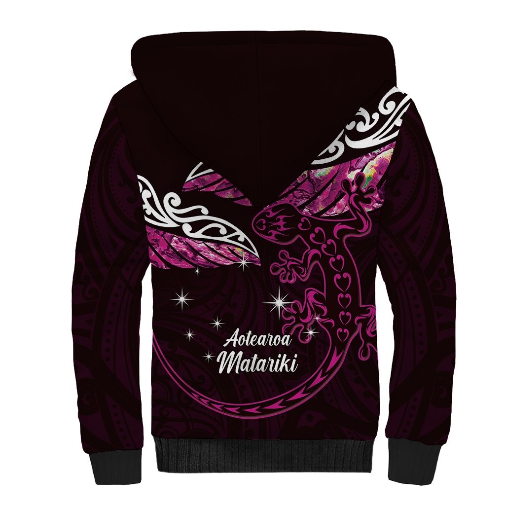 New Zealand Matariki Sherpa Hoodie Maori New Year Silver Fern And Lizard - Pink LT14 - Polynesian Pride