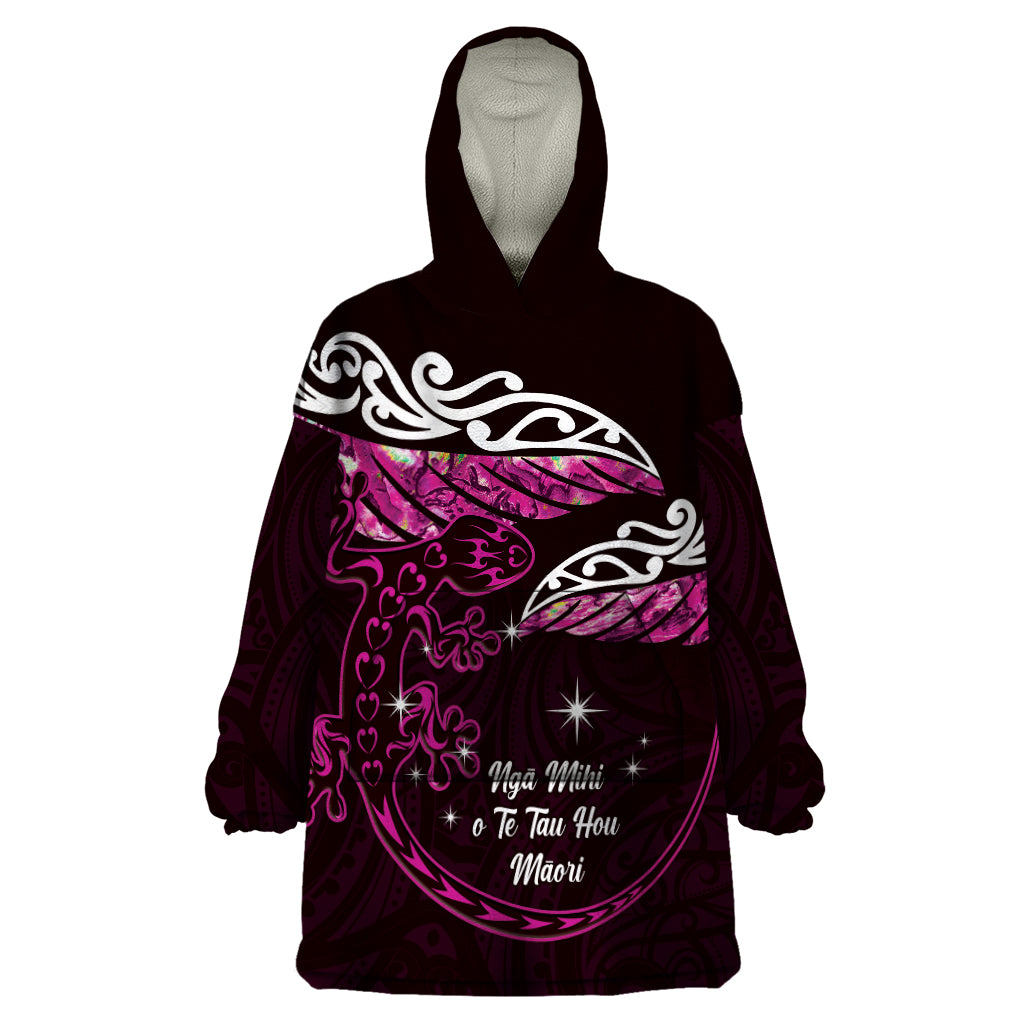 New Zealand Matariki Wearable Blanket Hoodie Maori New Year Silver Fern And Lizard - Pink LT14 One Size Pink - Polynesian Pride