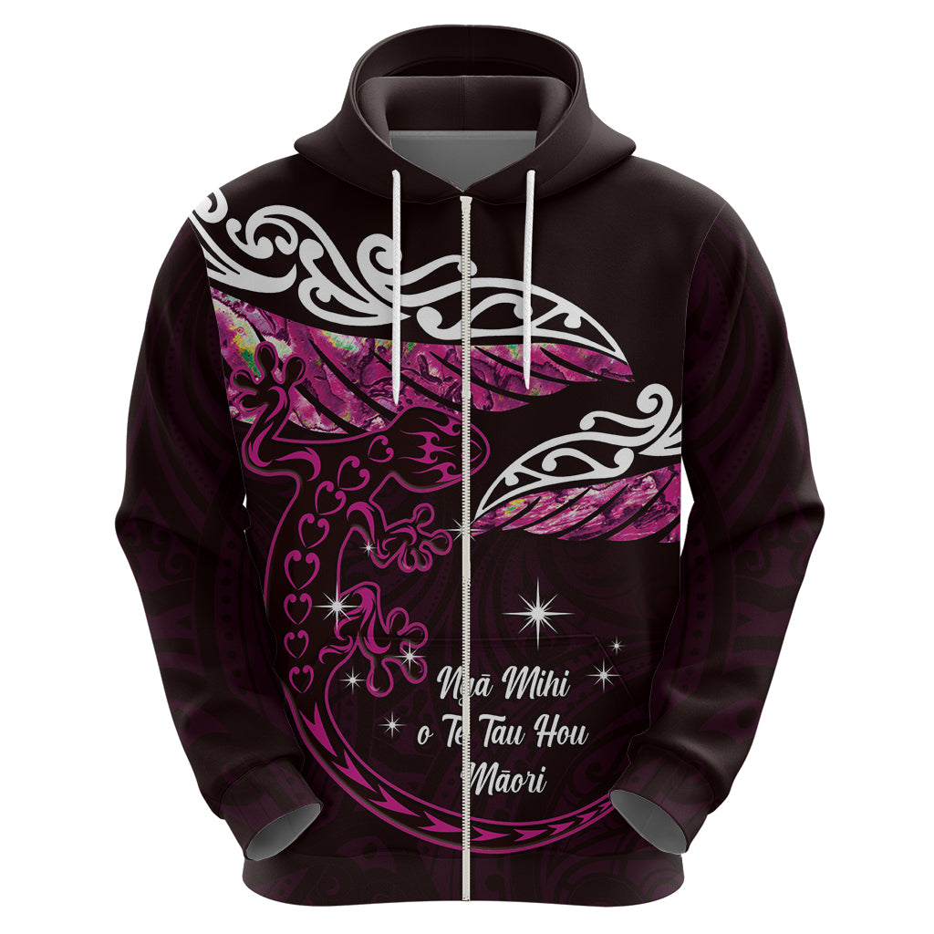 New Zealand Matariki Zip Hoodie Maori New Year Silver Fern And Lizard - Pink