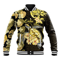 Personalised Aloha Hawaii Oahu Island Baseball Jacket Gathering Place Sea Turtle Ilima Flowers LT14 Unisex Yellow - Polynesian Pride