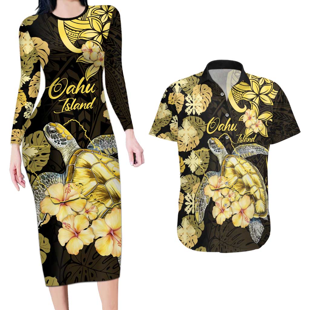Personalised Aloha Hawaii Oahu Island Couples Matching Long Sleeve Bodycon Dress and Hawaiian Shirt Gathering Place Sea Turtle Ilima Flowers LT14 Yellow - Polynesian Pride