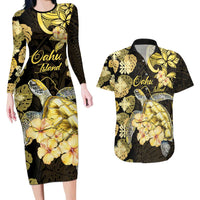 Personalised Aloha Hawaii Oahu Island Couples Matching Long Sleeve Bodycon Dress and Hawaiian Shirt Gathering Place Sea Turtle Ilima Flowers LT14 Yellow - Polynesian Pride