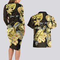 Personalised Aloha Hawaii Oahu Island Couples Matching Long Sleeve Bodycon Dress and Hawaiian Shirt Gathering Place Sea Turtle Ilima Flowers LT14 - Polynesian Pride