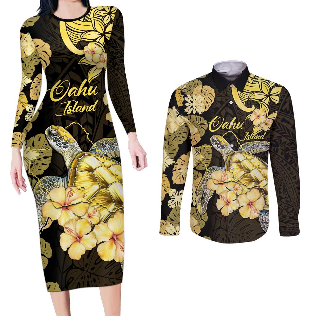 Personalised Aloha Hawaii Oahu Island Couples Matching Long Sleeve Bodycon Dress and Long Sleeve Button Shirt Gathering Place Sea Turtle Ilima Flowers LT14 Yellow - Polynesian Pride