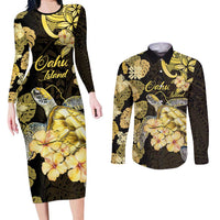 Personalised Aloha Hawaii Oahu Island Couples Matching Long Sleeve Bodycon Dress and Long Sleeve Button Shirt Gathering Place Sea Turtle Ilima Flowers LT14 Yellow - Polynesian Pride