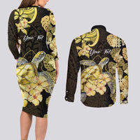 Personalised Aloha Hawaii Oahu Island Couples Matching Long Sleeve Bodycon Dress and Long Sleeve Button Shirt Gathering Place Sea Turtle Ilima Flowers LT14 - Polynesian Pride