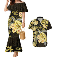 Personalised Aloha Hawaii Oahu Island Couples Matching Mermaid Dress and Hawaiian Shirt Gathering Place Sea Turtle Ilima Flowers LT14 Yellow - Polynesian Pride