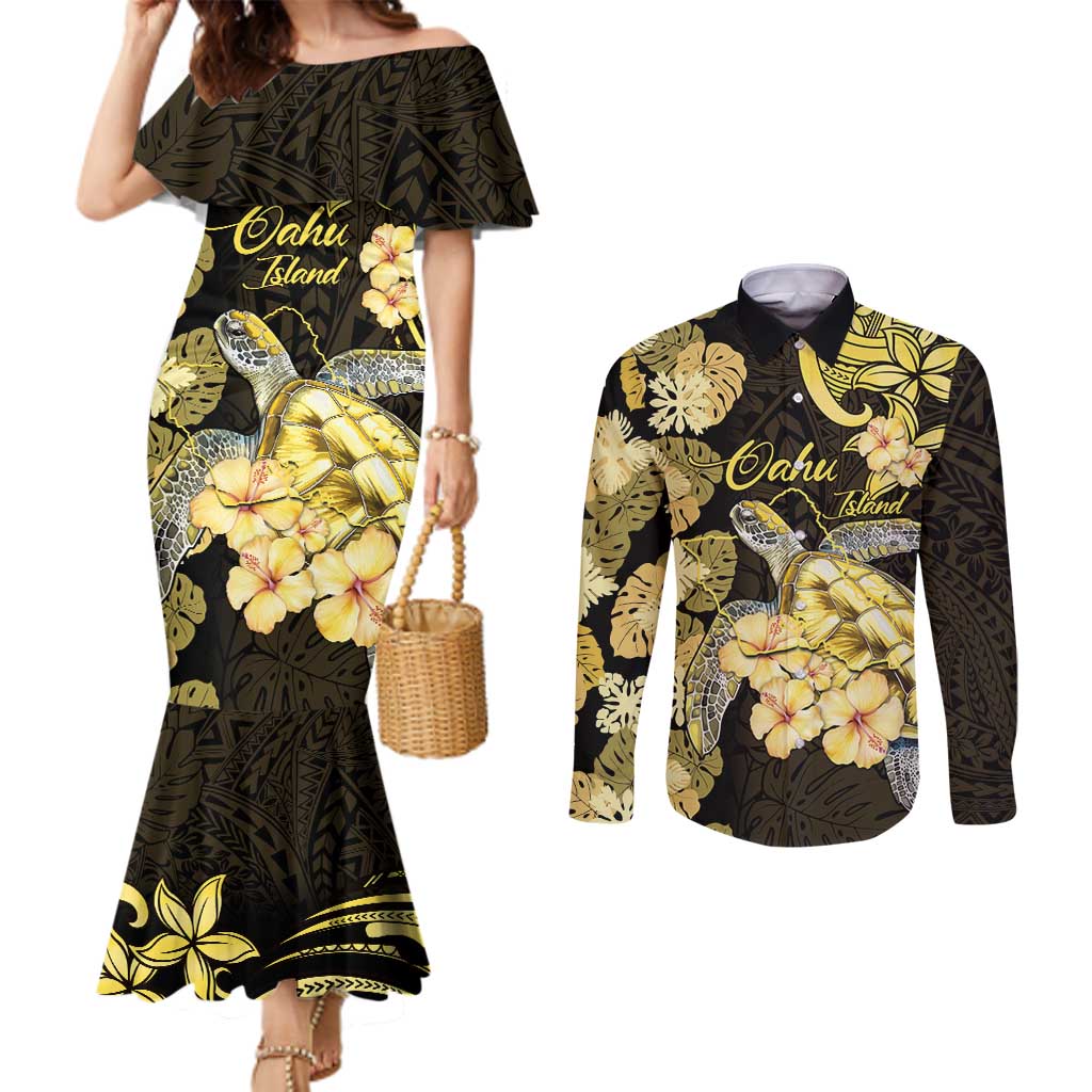 Personalised Aloha Hawaii Oahu Island Couples Matching Mermaid Dress and Long Sleeve Button Shirt Gathering Place Sea Turtle Ilima Flowers LT14 Yellow - Polynesian Pride