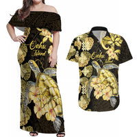 Personalised Aloha Hawaii Oahu Island Couples Matching Off Shoulder Maxi Dress and Hawaiian Shirt Gathering Place Sea Turtle Ilima Flowers LT14 Yellow - Polynesian Pride