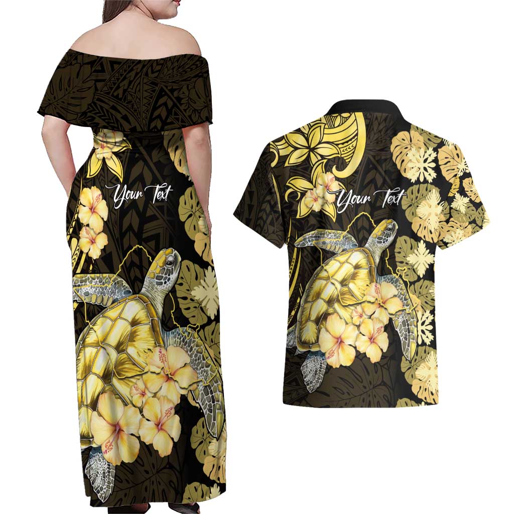 Personalised Aloha Hawaii Oahu Island Couples Matching Off Shoulder Maxi Dress and Hawaiian Shirt Gathering Place Sea Turtle Ilima Flowers LT14 - Polynesian Pride