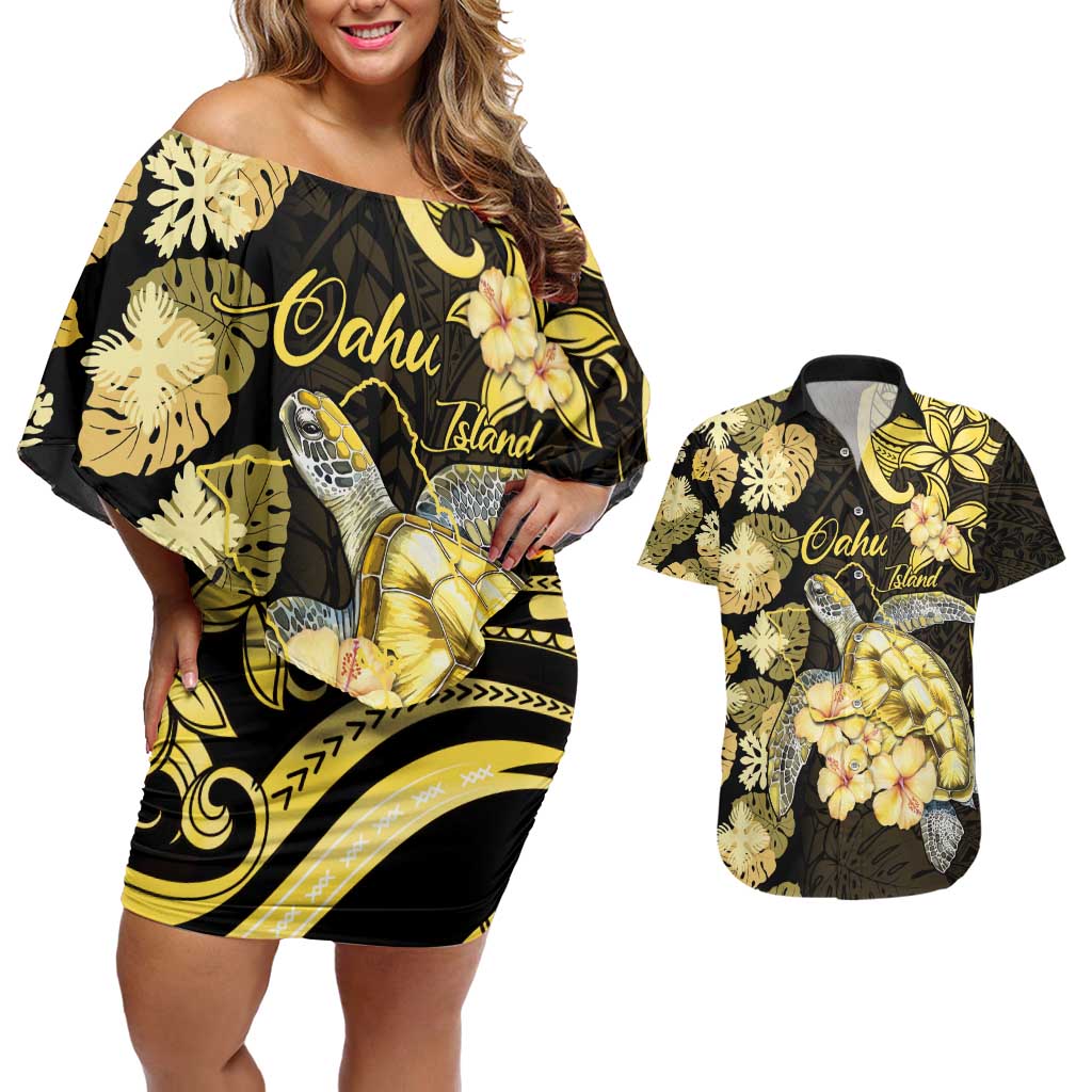 Personalised Aloha Hawaii Oahu Island Couples Matching Off Shoulder Short Dress and Hawaiian Shirt Gathering Place Sea Turtle Ilima Flowers LT14 Yellow - Polynesian Pride