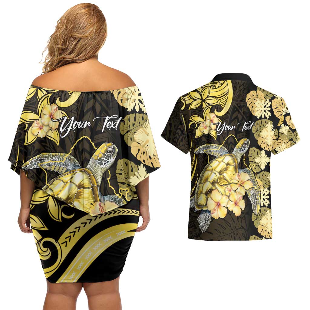 Personalised Aloha Hawaii Oahu Island Couples Matching Off Shoulder Short Dress and Hawaiian Shirt Gathering Place Sea Turtle Ilima Flowers LT14 - Polynesian Pride