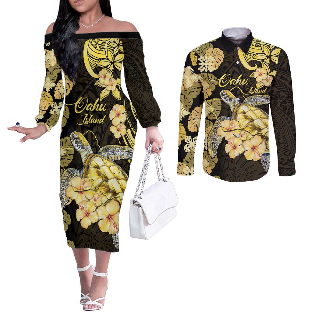 Personalised Aloha Hawaii Oahu Island Couples Matching Off The Shoulder Long Sleeve Dress and Long Sleeve Button Shirt Gathering Place Sea Turtle Ilima Flowers LT14 Yellow - Polynesian Pride