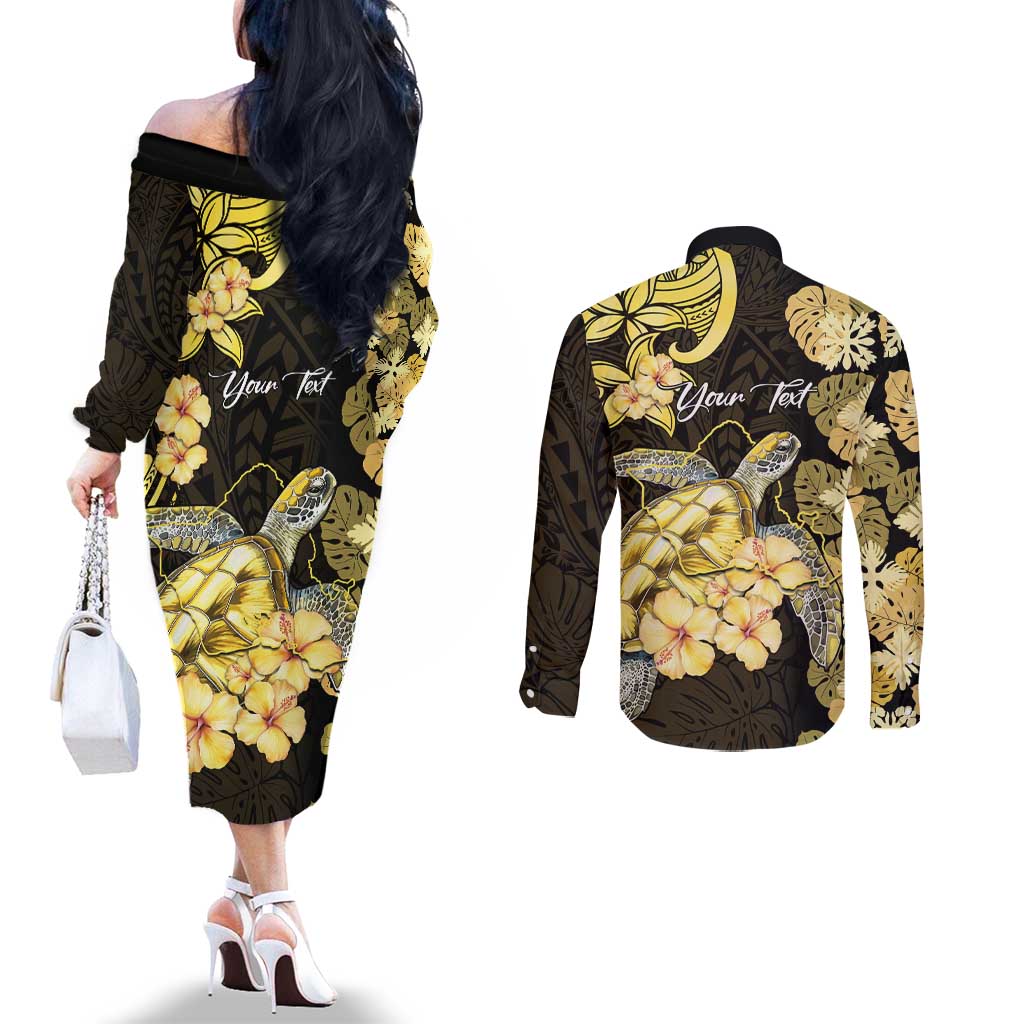 Personalised Aloha Hawaii Oahu Island Couples Matching Off The Shoulder Long Sleeve Dress and Long Sleeve Button Shirt Gathering Place Sea Turtle Ilima Flowers LT14 - Polynesian Pride