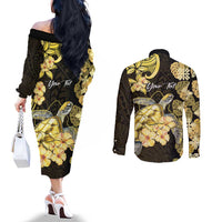 Personalised Aloha Hawaii Oahu Island Couples Matching Off The Shoulder Long Sleeve Dress and Long Sleeve Button Shirt Gathering Place Sea Turtle Ilima Flowers LT14 - Polynesian Pride