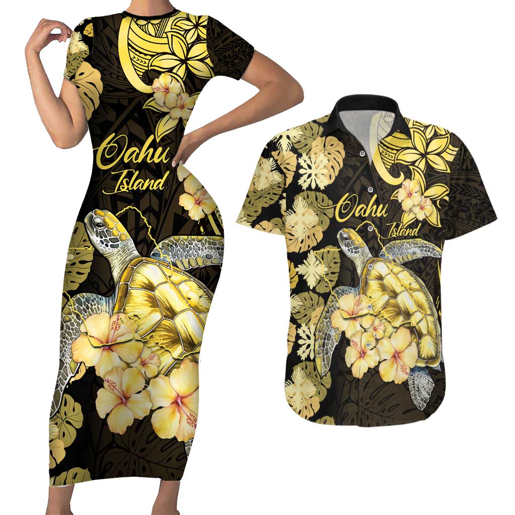 Personalised Aloha Hawaii Oahu Island Couples Matching Short Sleeve Bodycon Dress and Hawaiian Shirt Gathering Place Sea Turtle Ilima Flowers LT14 Yellow - Polynesian Pride