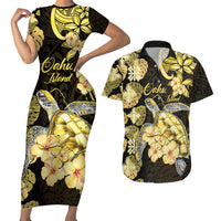Personalised Aloha Hawaii Oahu Island Couples Matching Short Sleeve Bodycon Dress and Hawaiian Shirt Gathering Place Sea Turtle Ilima Flowers LT14 Yellow - Polynesian Pride
